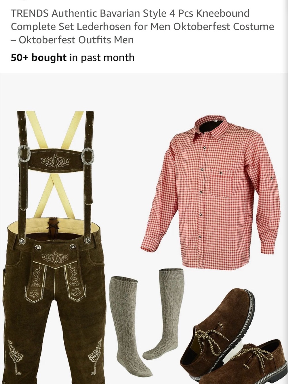 Leather Lederhosen Shorts with Suspenders - Brown with Red Shirt.